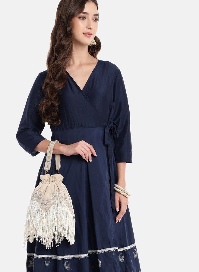 Anekaant Dewdrop Fringe Ecru Velvet Potli for Women | Floral Zari Embroidered Drawstring Bag with Statement Fringe Detailing - Image 2